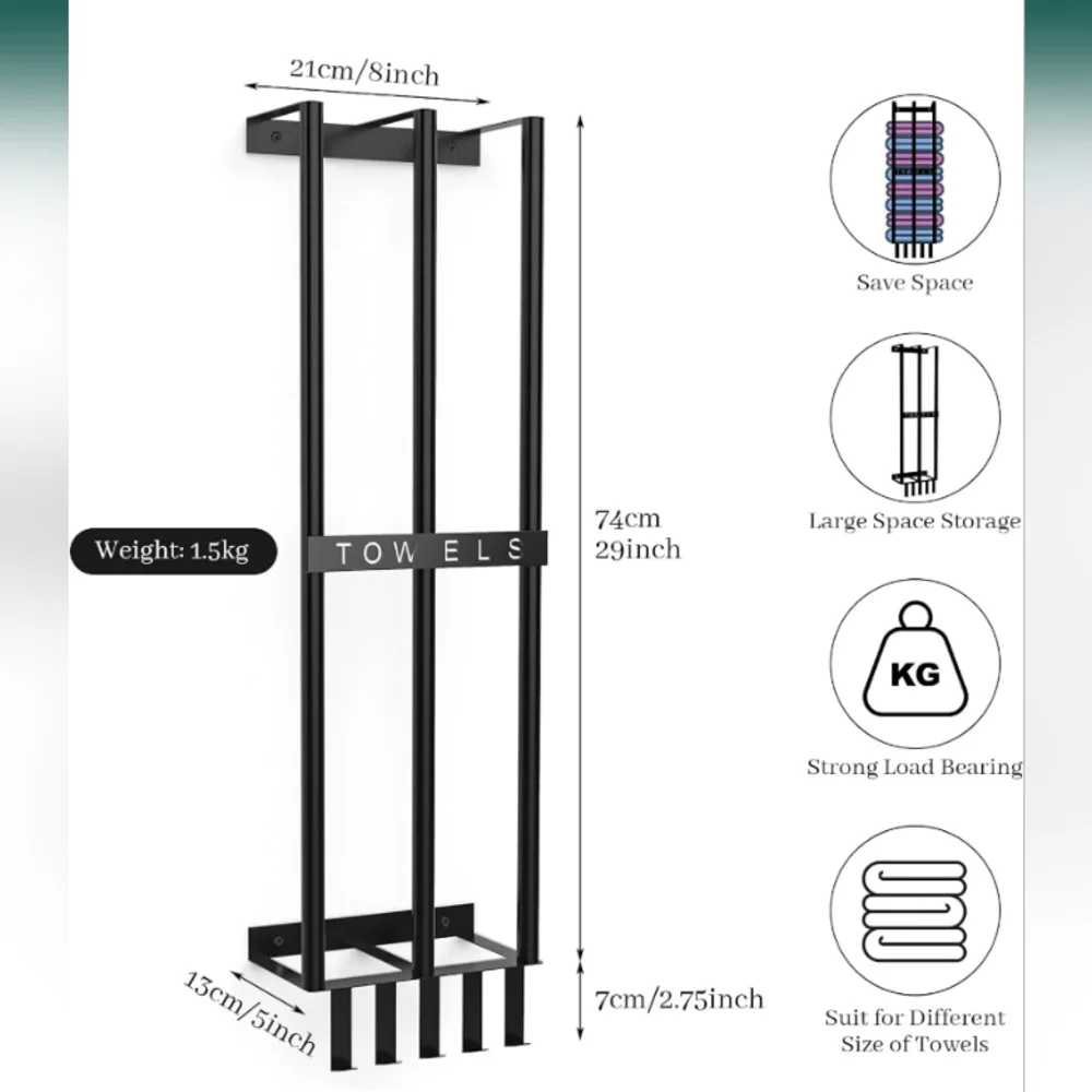 🛍️🆕 BEAUTIFUL WALL MOUNTED TOWEL RACK IN BLACK IRON, 8